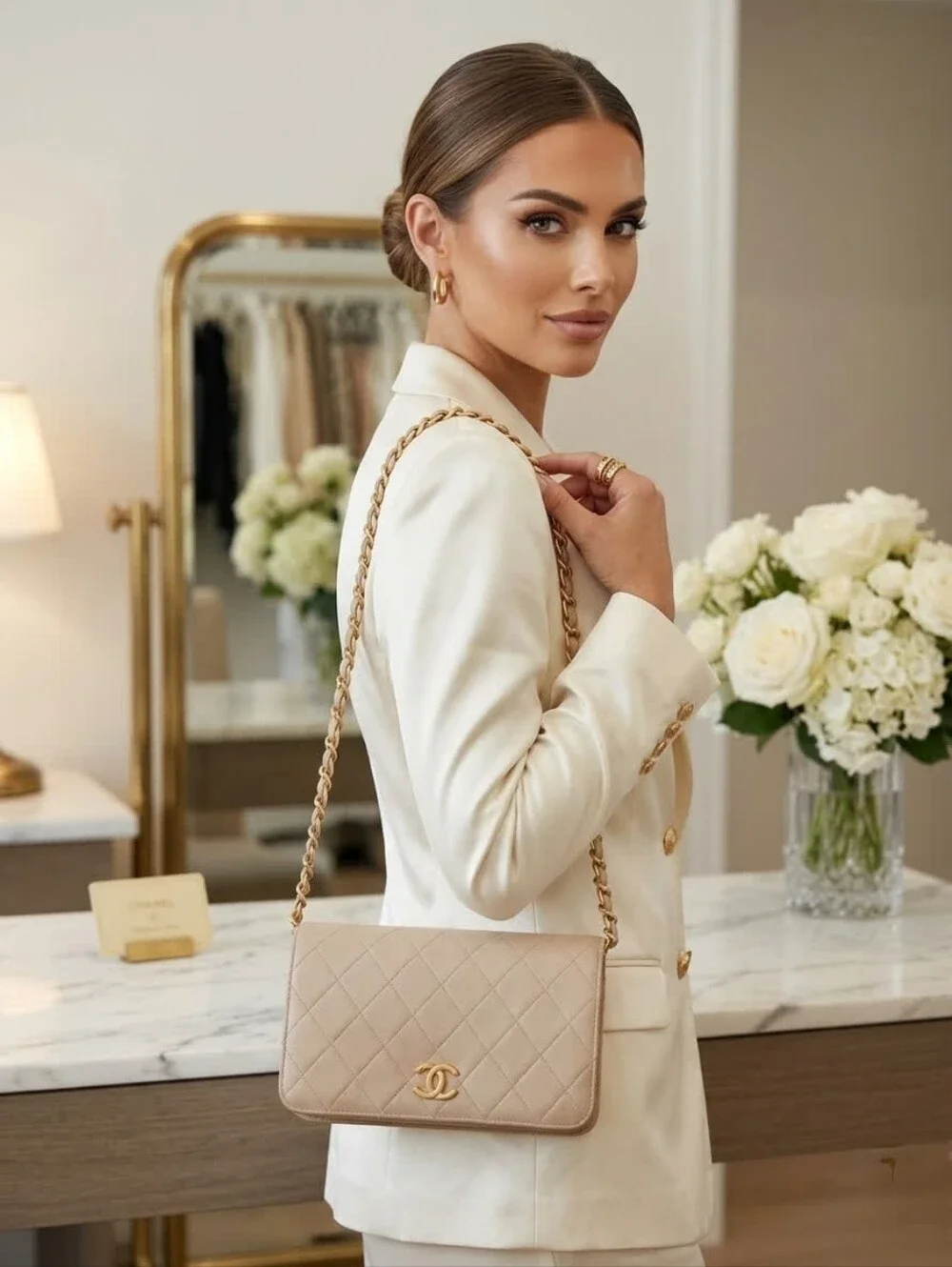 Chanel Vintage Small Full Flap Beige Lambskin 24K Gold Plated ✨ COA - Picture 5 of 15